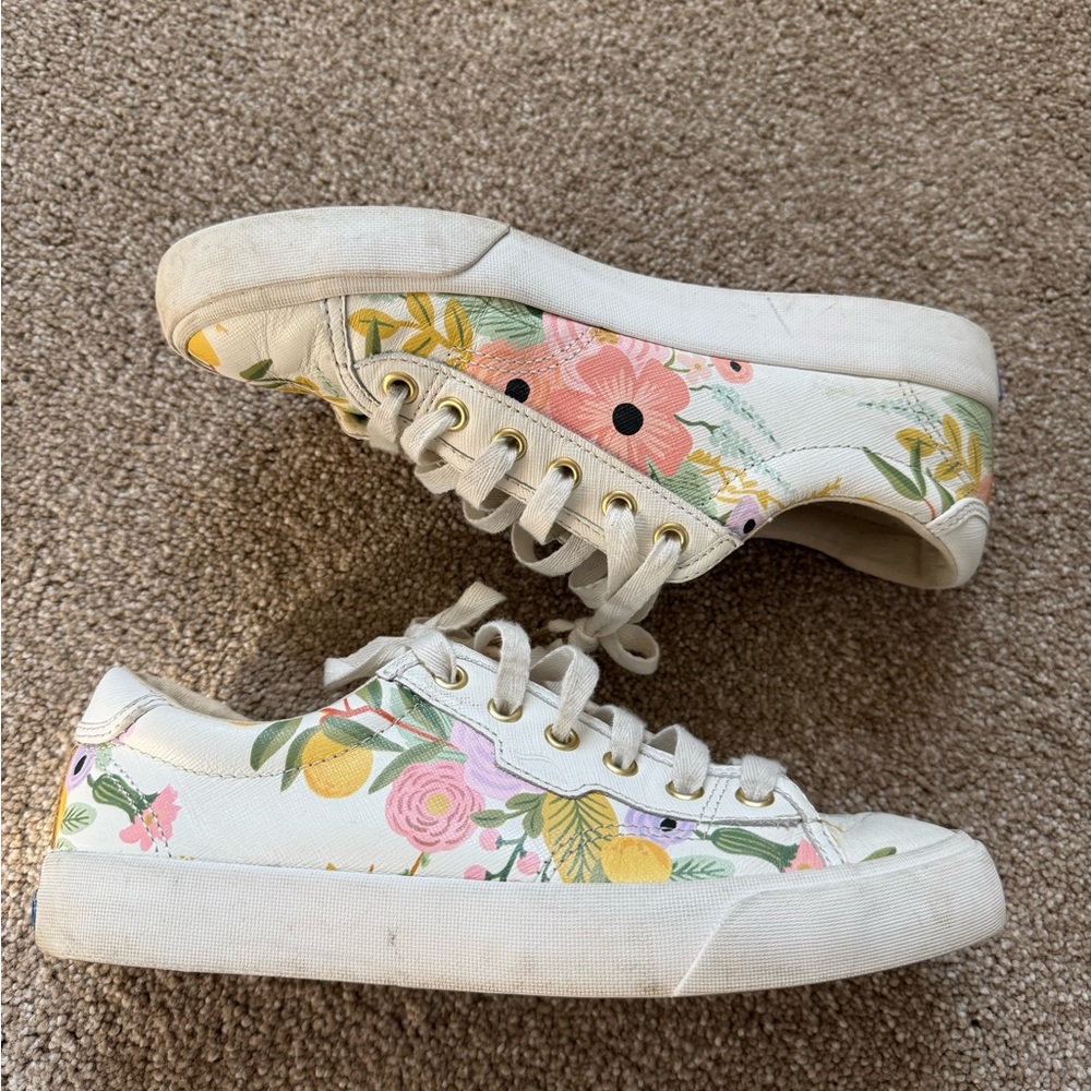 Keds Floral Canvas Sneakers in White with Pink, Yellow and Green Accents - Picture 2 of 8